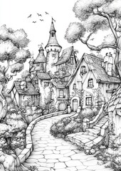 Naklejka premium Fantasy Village Coloring Pages