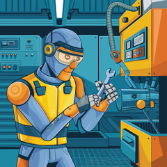 2d vector illustration colorful machine , worker and Industry and its development technology, factories and production lines icon
