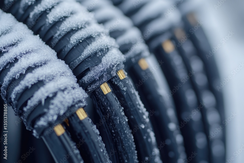 Poster close-up of wires buried in snow, suitable for winter-themed concepts or technology-related projects