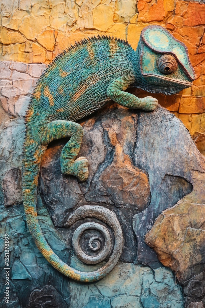 Poster a chameleon sits on top of a rock, its colors blending in with the surroundings