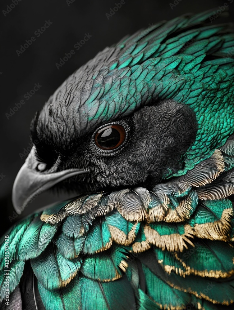 Poster a close-up view of a bird with vibrant green feathers, ideal for use in nature-themed designs