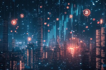 Fototapeta premium A computer image of a city skyline with many coins in front