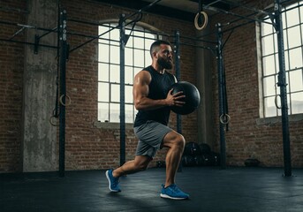 A fit, bearded man performs a lunge with a medicine ball in an industrial-style gym. Focused expression, strong physique, and dynamic movemen