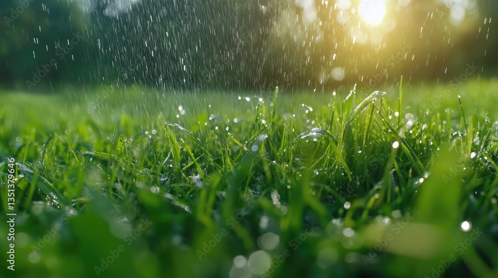 Poster close-up view of raindrops falling on fresh green grass in a vibrant natural setting with shimmering