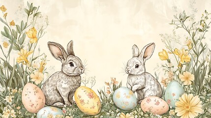 Fototapeta premium Easter Bunnies Eggs Garden. (4)