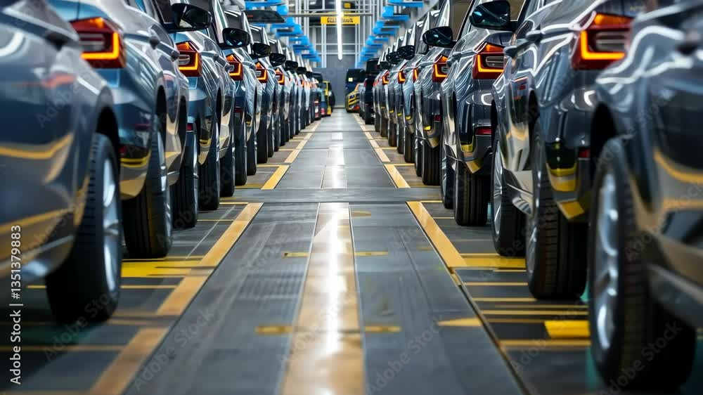 Poster A stunning view of an automated assembly line, showcasing sleek cars lined up in a high-tech factory, symbolizing advancements in automotive engineering and artificial intelligence integration.