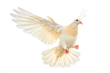 Obraz premium A white pigeon is gracefully flying high in the air with wings spread