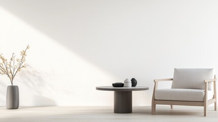 minimalist living room featuring scandinavian furniture and curated accessories placed against blank white wall offering