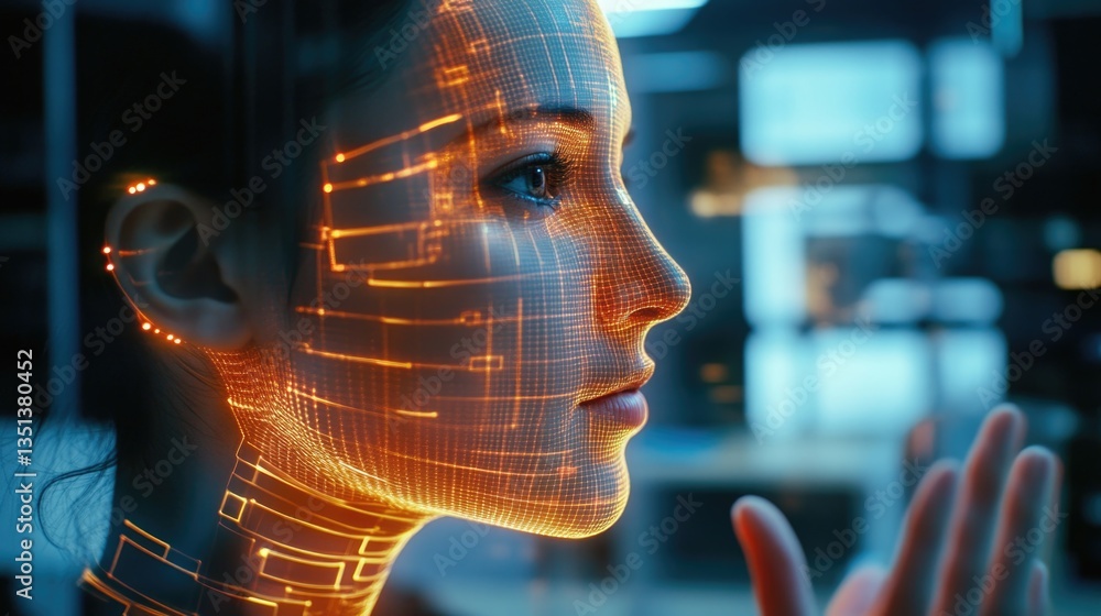Poster a close-up of a woman's face with a glowing grid overlay, suitable for futuristic or sci-fi concepts