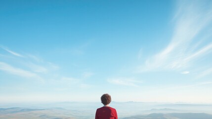 person gazing thoughtfully toward distant horizon from high vantage point with expansive skies and rolling landscapes