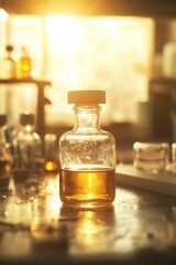 A clear glass bottle filled with a colorless liquid sits on a kitchen counter