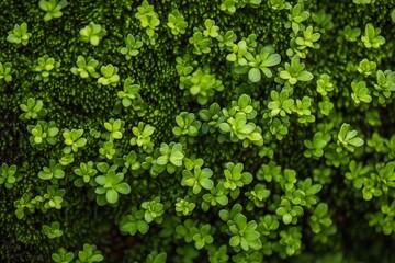 Small green plants and moss arranged densely across a surface