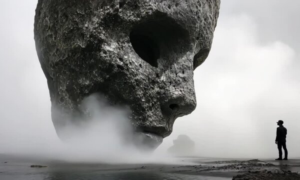 Stone Titan: A solitary figure stands dwarfed before a colossal stone face emerging from the mist, evoking a sense of awe and contemplation in a surreal, dramatic landscape.