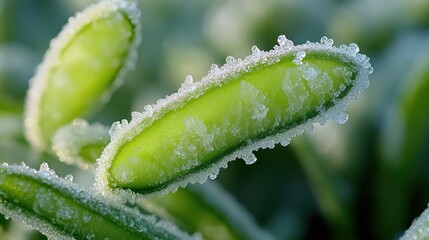 Fototapeta premium Close-up of Frost-Covered Green Leaves with Dew Drops, Capturing the Beauty of Nature's Winter Transformation in a Serene Garden Setting