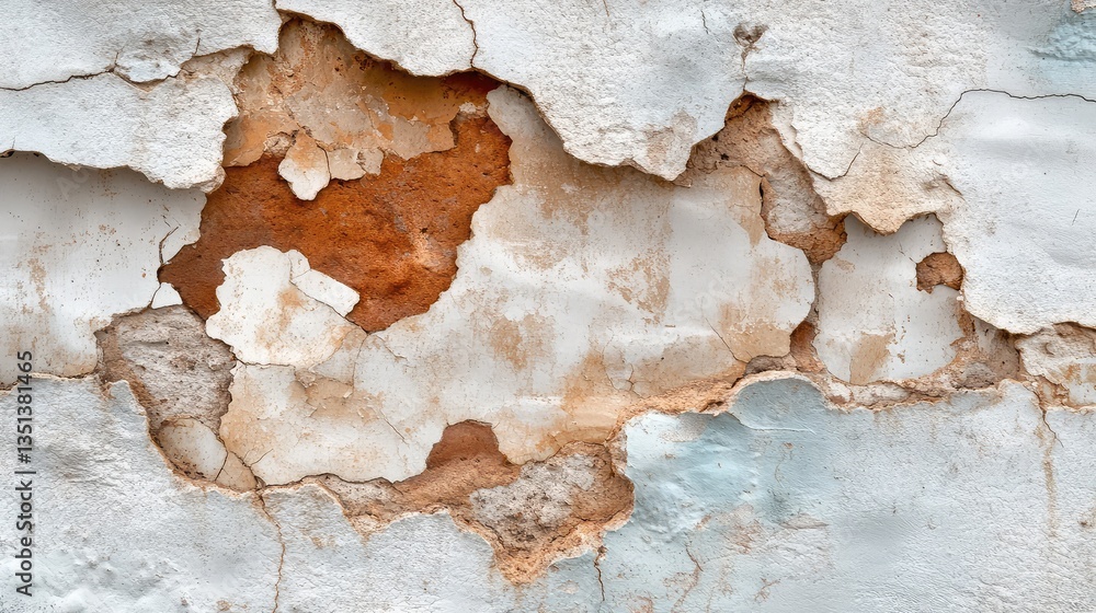 Poster textured wall with peeling paint revealing underlying layers of aging plaster and rustic elements, s