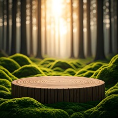 A wooden podium on a mossy forest floor with soft sunbeams filtering through the trees, AI Generated