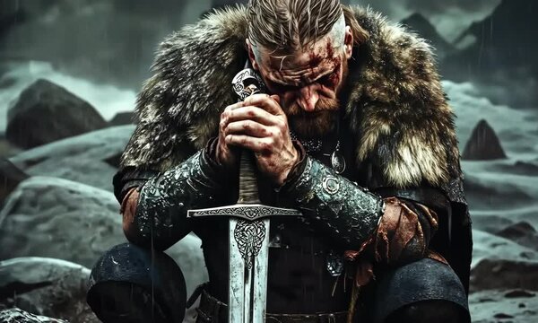 Viking Warrior's Resolve: A weathered viking warrior kneels, sword resting on his lap, with a determined gaze amidst a dramatic, cinematic backdrop, conveying strength, introspection.