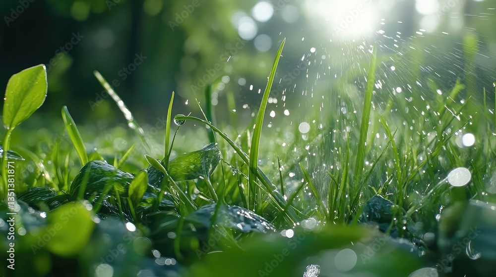 Poster close-up view of dewy green grass and leaves in a sunny garden setting with soft sunlight illuminati