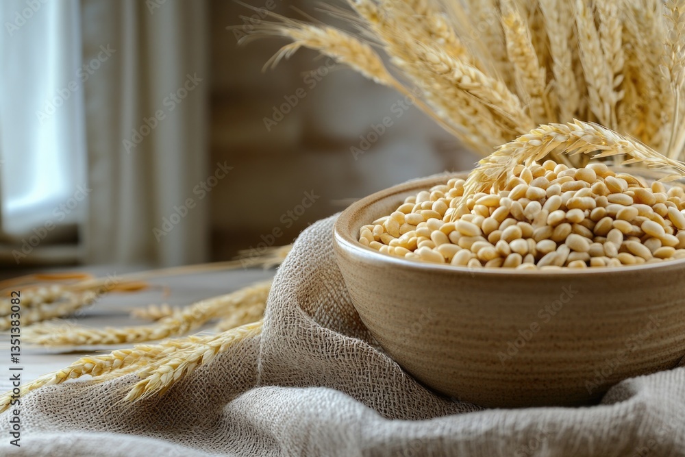 Poster a simple scene featuring a bowl filled with wheat sitting on a table