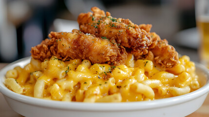 Mac and Cheese Fries with Fried Chicken Tenders