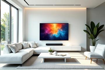 Elegant white lounge area with flat screen TV and comfortable sofa, contemporary, living space