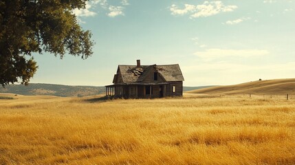 Naklejka premium A solitary, weathered wooden house stands in a golden field under a blue sky