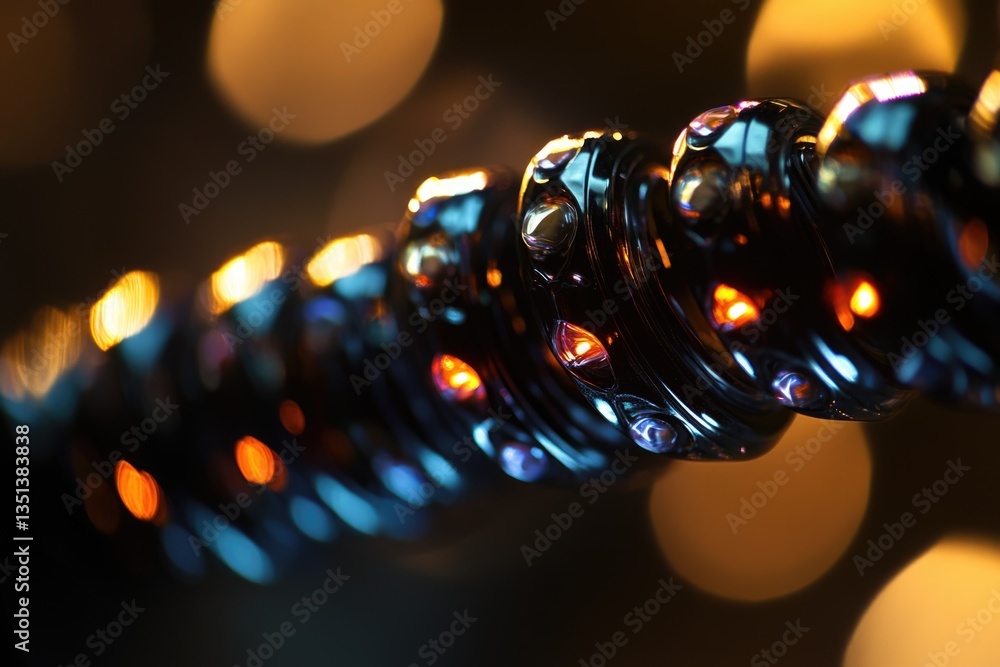 Poster close-up shot of a metal object with lights in the background, suitable for use in technology or ind