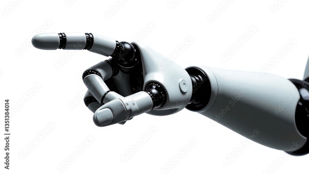 Poster robotic hand with articulated fingers extending forward against white background. concept of technol