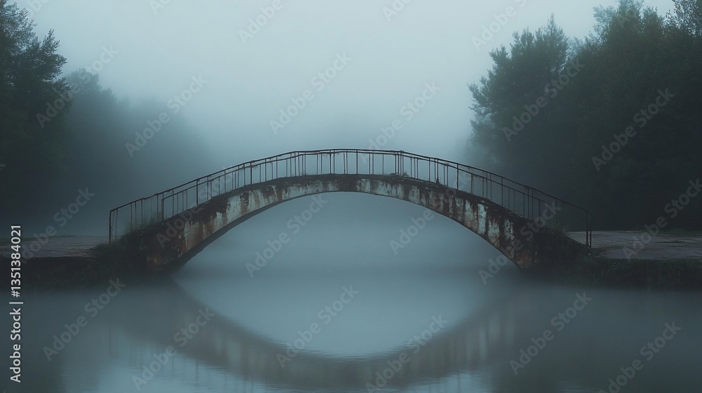 Poster misty bridge over tranquil water with a mirrored reflection creating a serene scene