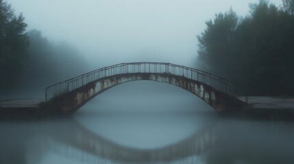 Misty bridge over tranquil water with a mirrored reflection creating a serene scene