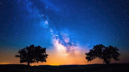 Naklejka premium Stunning Night Sky with Milky Way and Silhouetted Trees in Serene Landscape, Capturing the Beauty of Nature and the Universe Under Starry Night