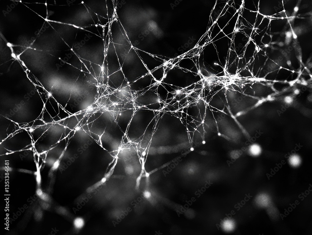 Poster a close-up photo of a delicate spider web in shades of gray and white, perfect for use in scientific