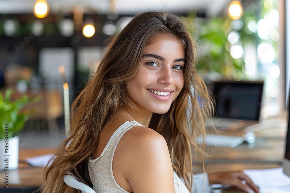 Poster woman smiling at computer while receiving technical support in close-up shot.