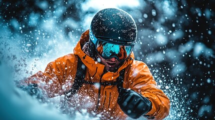 Skier in vibrant orange jacket navigates snowy terrain, surrounded by a blizzard