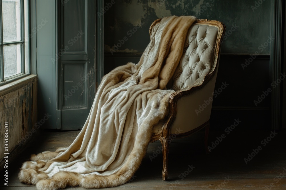Poster a chair wrapped in a cozy blanket, placed in front of a window