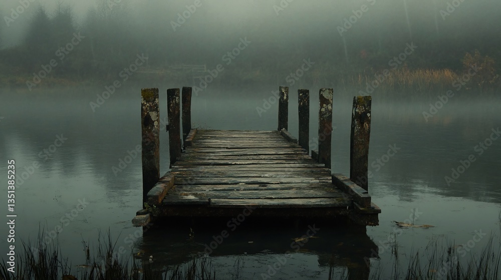 Poster misty lake and old wooden dock scene with fog and trees in background on a cloudy day