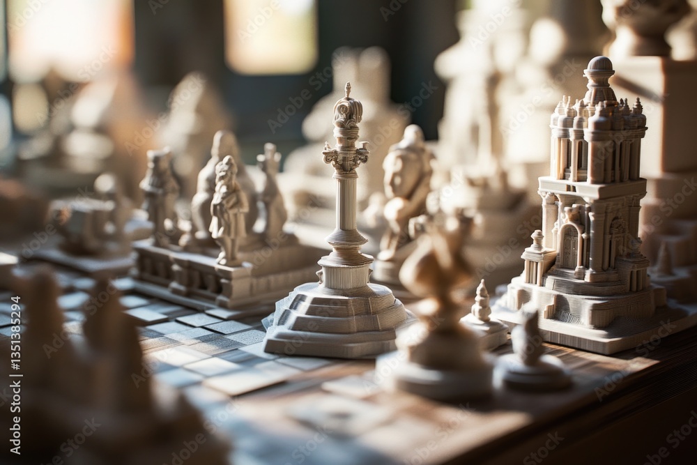 Poster a detailed view of a chess board with figurines, ideal for use in articles about strategy or as an i