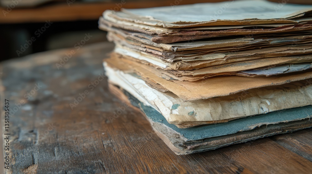 Poster vintage collection of old papers and documents stacked neatly on a rustic wooden table in a warmly l