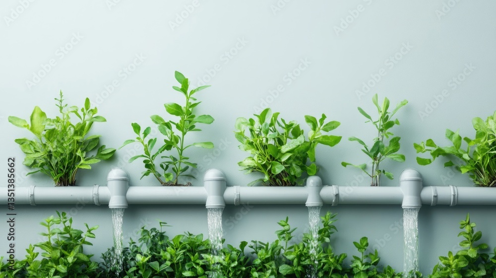 Poster a row of pipes with lush greenery growing out of them, perfect for decoration or architecture illust