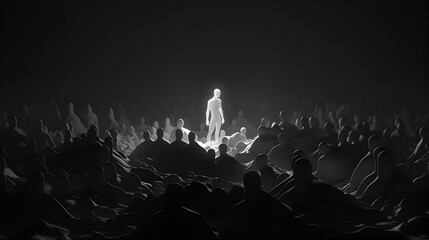 Dramatic 3D Rendered Depicting a Lone White Commanding Figure Amidst a Sea of Dark Silhouetted Entities Exploring the Dynamics of Individuality and its Powerful Presence
