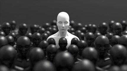 Striking 3D rendered portrait of a solitary white humanoid figure standing solemnly at the forefront of a formation of black humanoid figures conveying the power of leadership influence