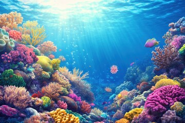Obraz premium Colorful coral reefs with sunlight and vibrant marine life