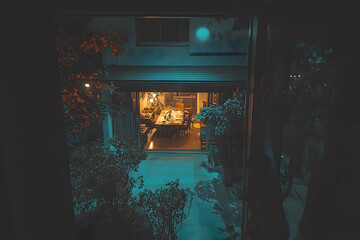 Obraz premium Inviting interior scene viewed from outdoors on a dimly lit evening