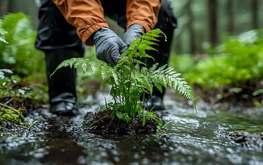 Person Gently Handling Fern Plant by Stream