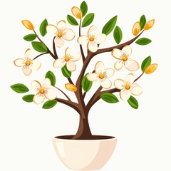 Beautiful decorative flowering tree in a modern pot, showcasing vibrant green leaves and delicate white blossoms, ideal for interior design