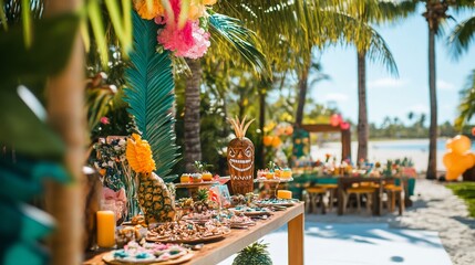 Tropical themed outdoor party table with sweets, fruit and decorative elements under palm trees