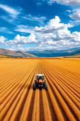 Obraz premium Tractor plowing through golden wheat fields, bright blue sky with fluffy clouds, vast agricultural landscape reflecting productivity, concept of farming, crop cultivation, rural economy