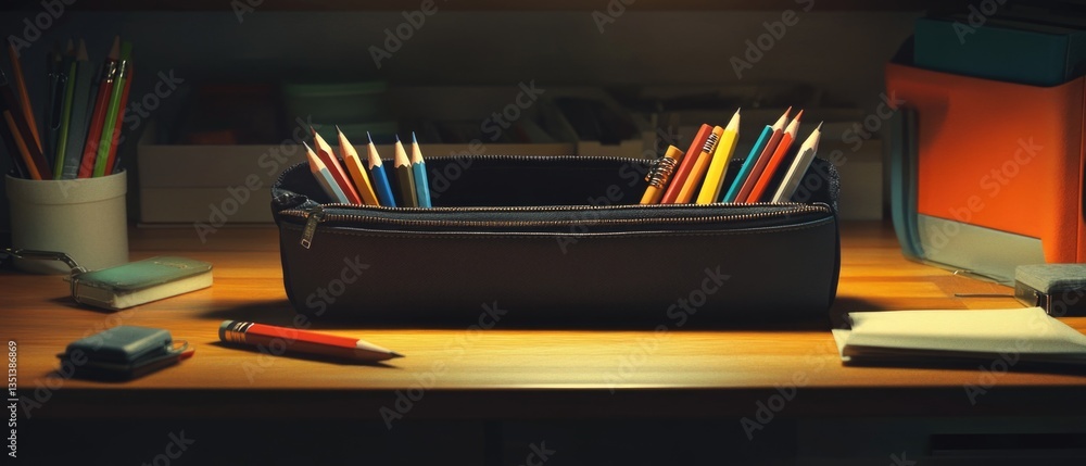Poster a desk with a bunch of pencils organized in a case
