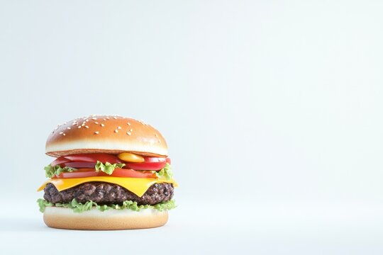 hyper-realistic 3d cheeseburger with vibrant colorful ingredients isolated on white background offering ample copy