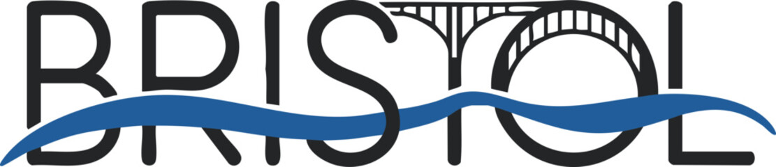 Fototapeta premium Bristol city name logo design with bridge and river elements in black and blue vector illustration for branding, signage, posters, and graphic design projects.